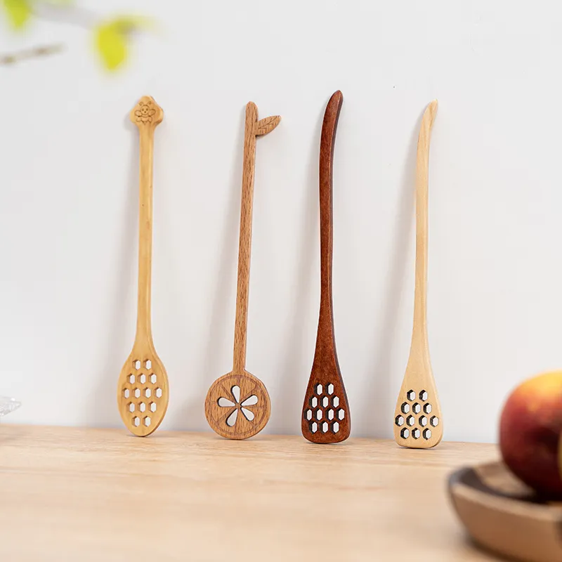 Cuchara para agitar caf&eacute; con mango largo Cuchara de madera para miel Varilla para mezclar de 
