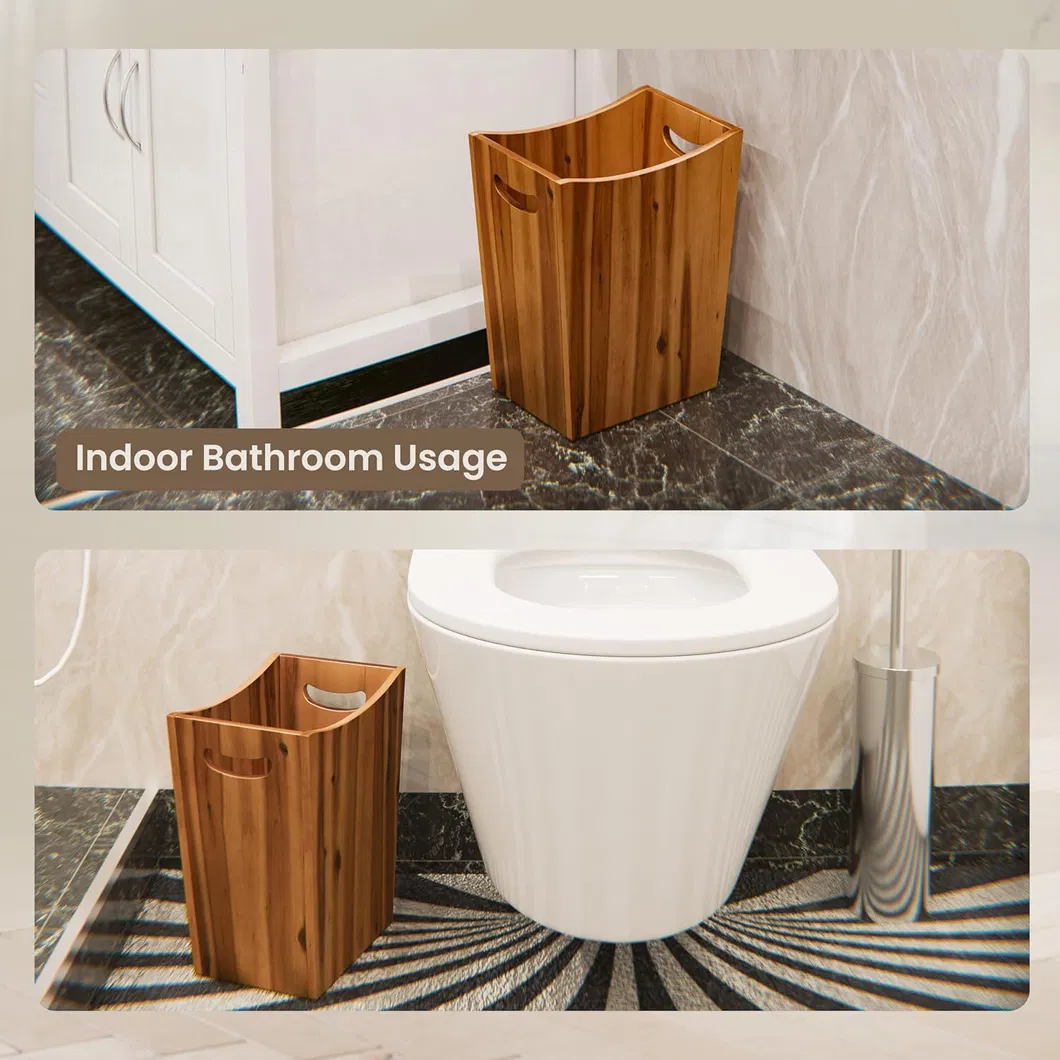 Cesta de basura peque&ntilde;a de madera de acacia con asas para el ba&ntilde;o 