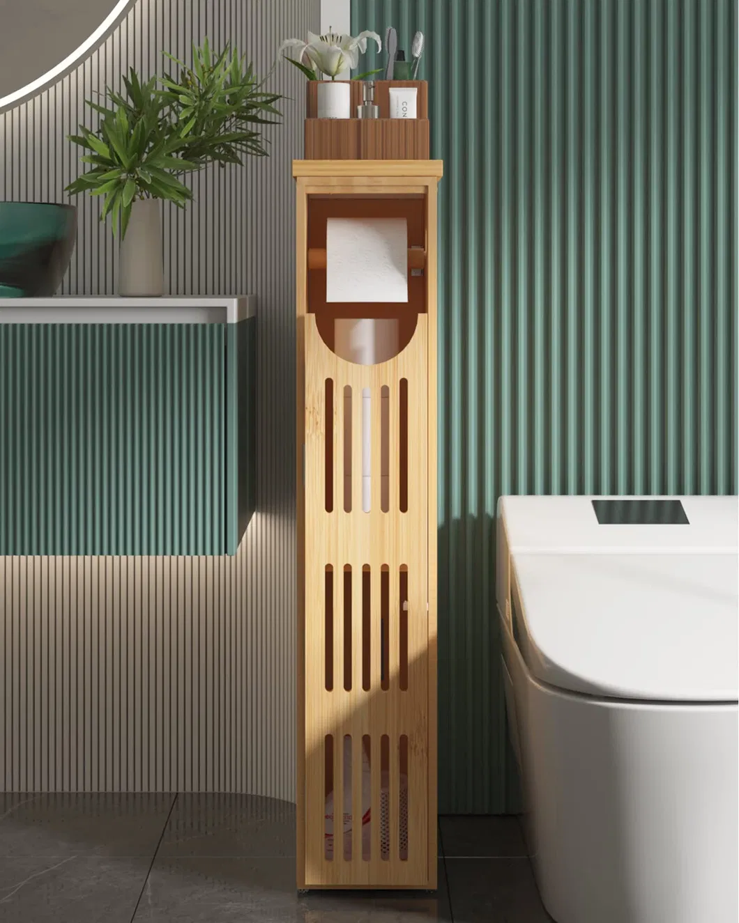 Estante de papel higi&eacute;nico de bamb&uacute;, organizador de ba&ntilde;o, soporte para papel higi&eacute;nico 