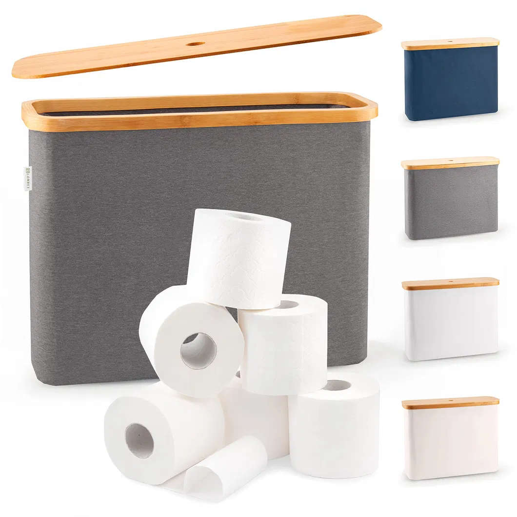 Portarrollos de papel higiénico impermeable de color gris con tapa de bambú