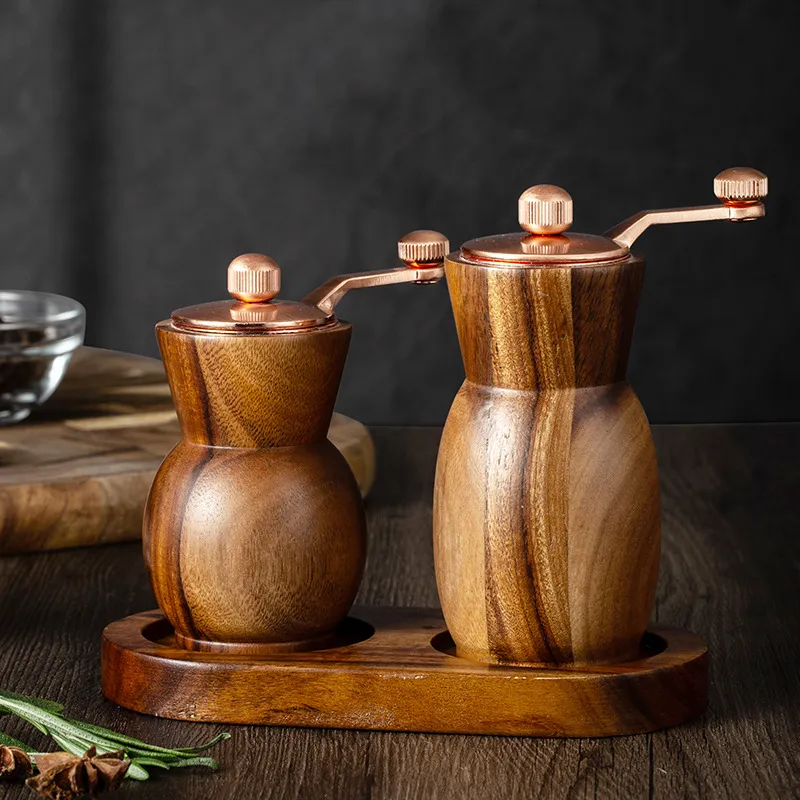 Jarr&oacute;n con molinillo de sal y pimienta de madera de acacia con manivela