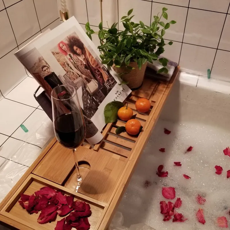 retr&aacute;ctil multifuncional antideslizante de bamb&uacute;, estante para ba&ntilde;era con soporte para vino tinto Estante 