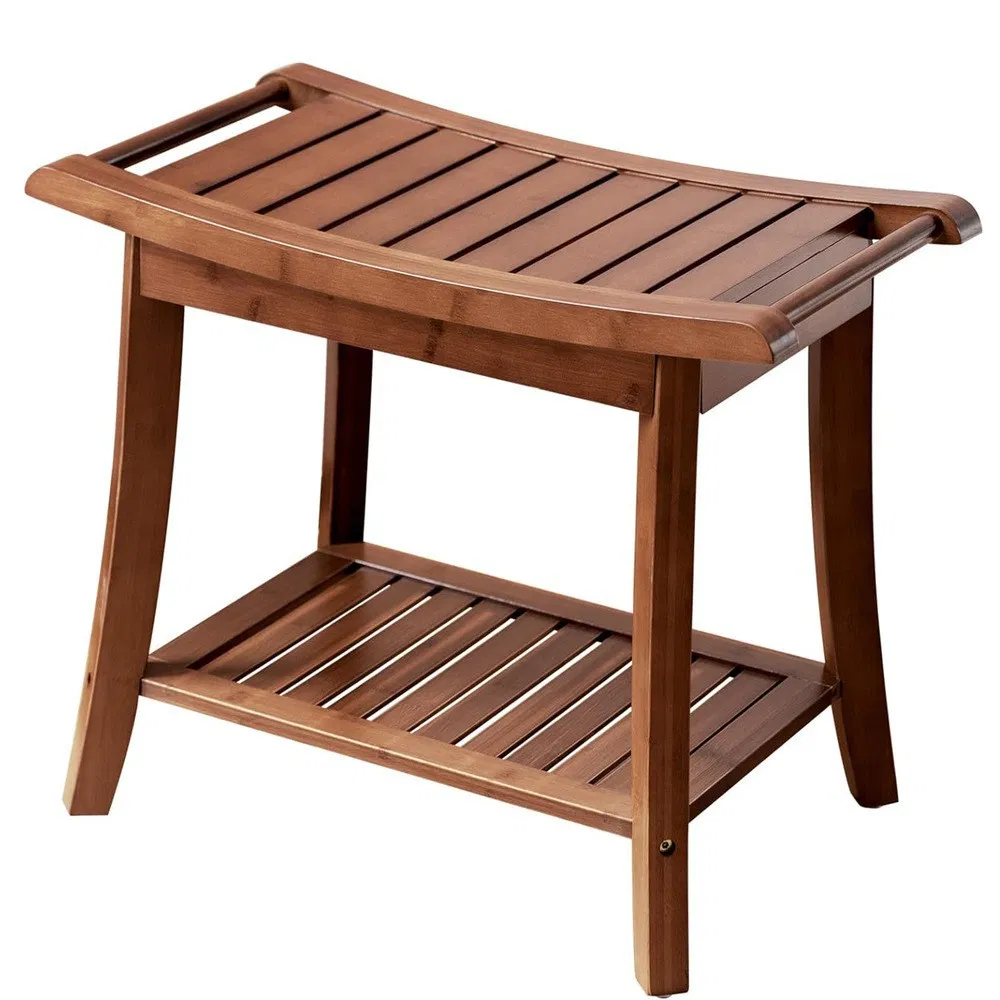 Taburete de ba&ntilde;o de bamb&uacute; antideslizante e impermeable de color carbonizado Taburete de ducha con colgador de toalla 
