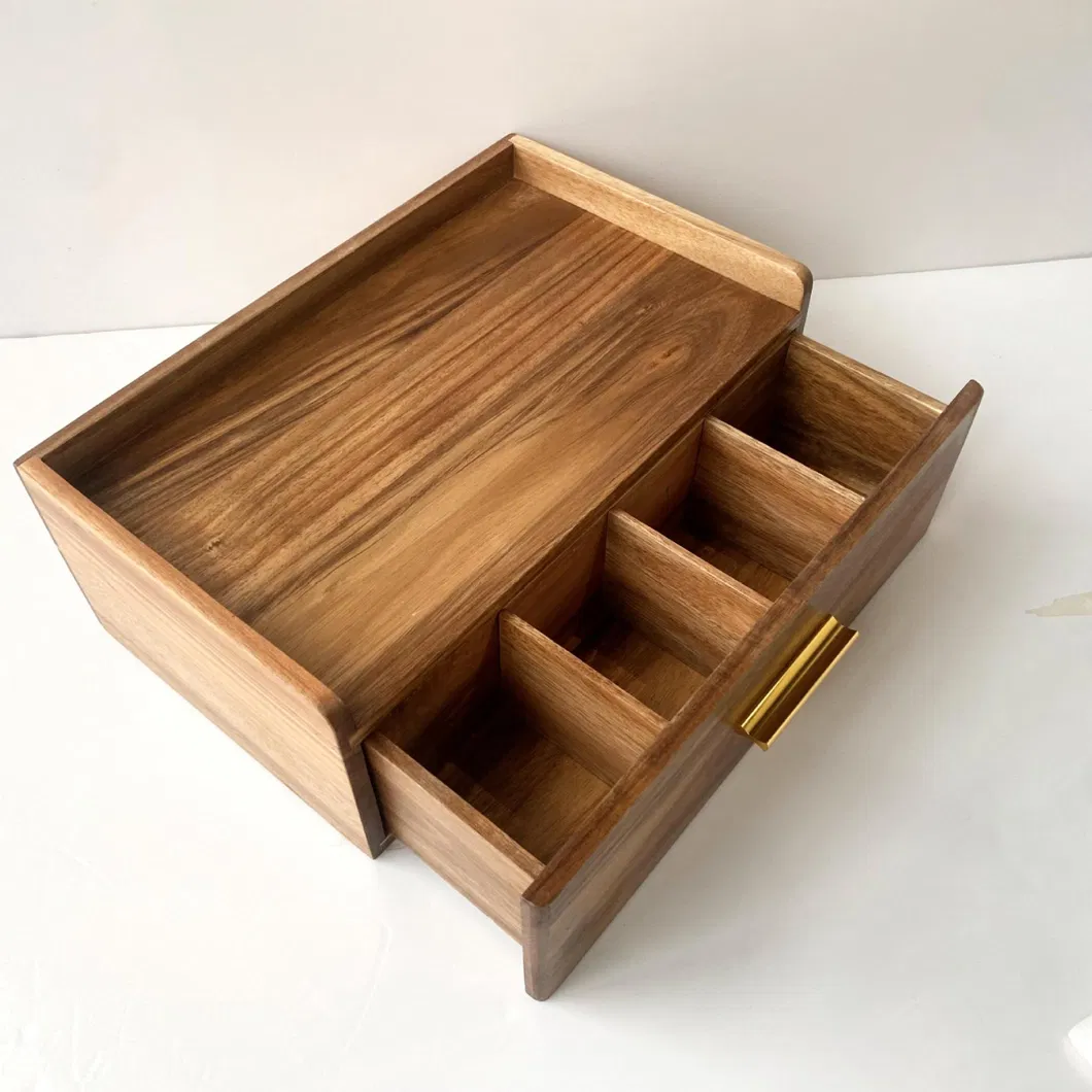 almacenamiento de caf&eacute; de madera de acacia personalizada, caja de almacenamiento de juego de t&eacute; con caj&oacute;n