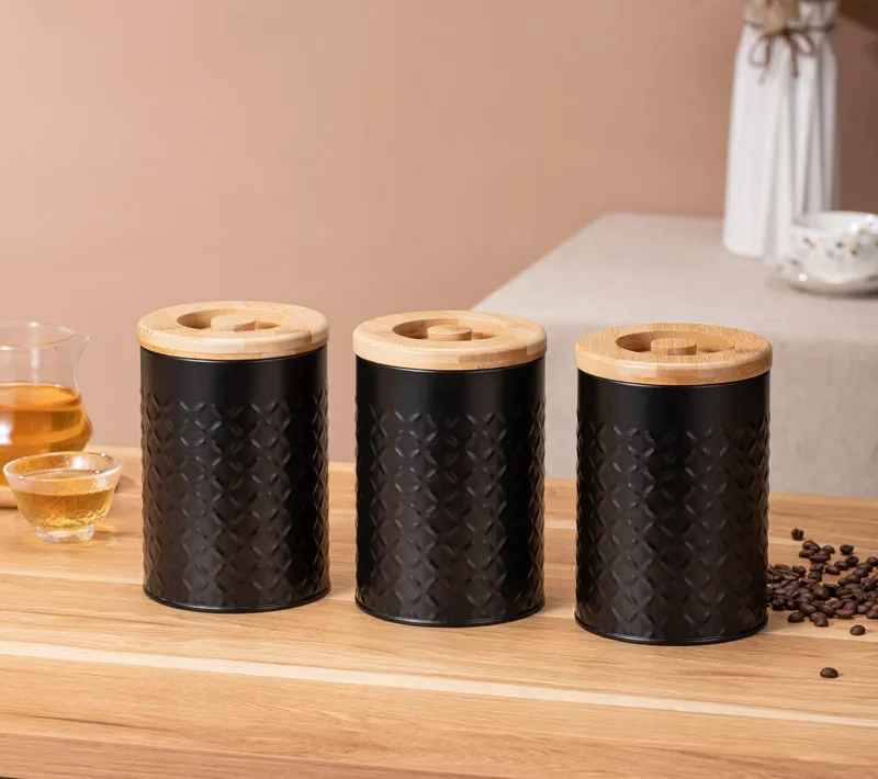 Juegos de botes de metal negro para almacenamiento de az&uacute;car, t&eacute; y caf&eacute; 