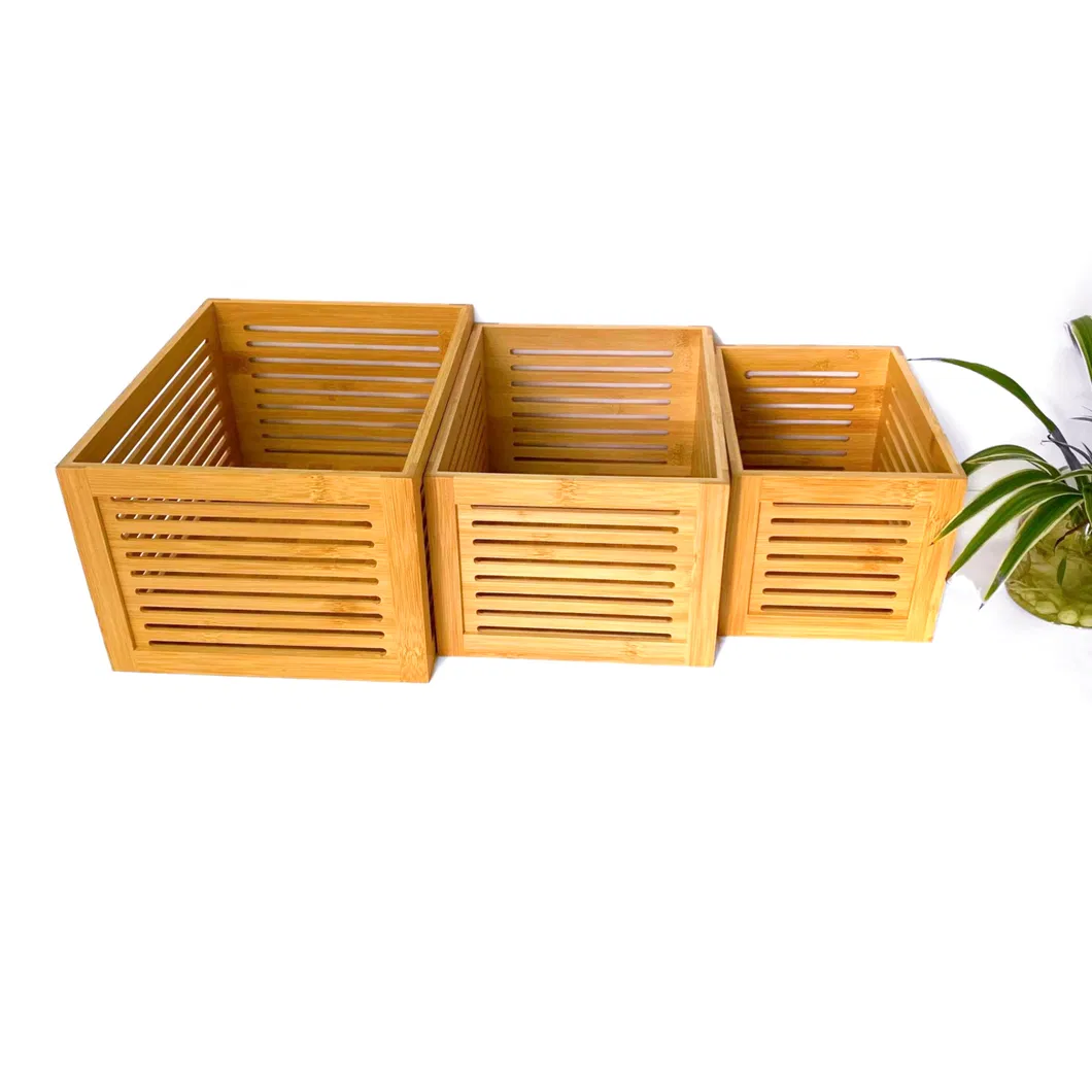 Juego de cestas de almacenamiento de bambú ahuecadas multifuncionales personalizadas para artículos diversos/frutas/verduras del hogar.