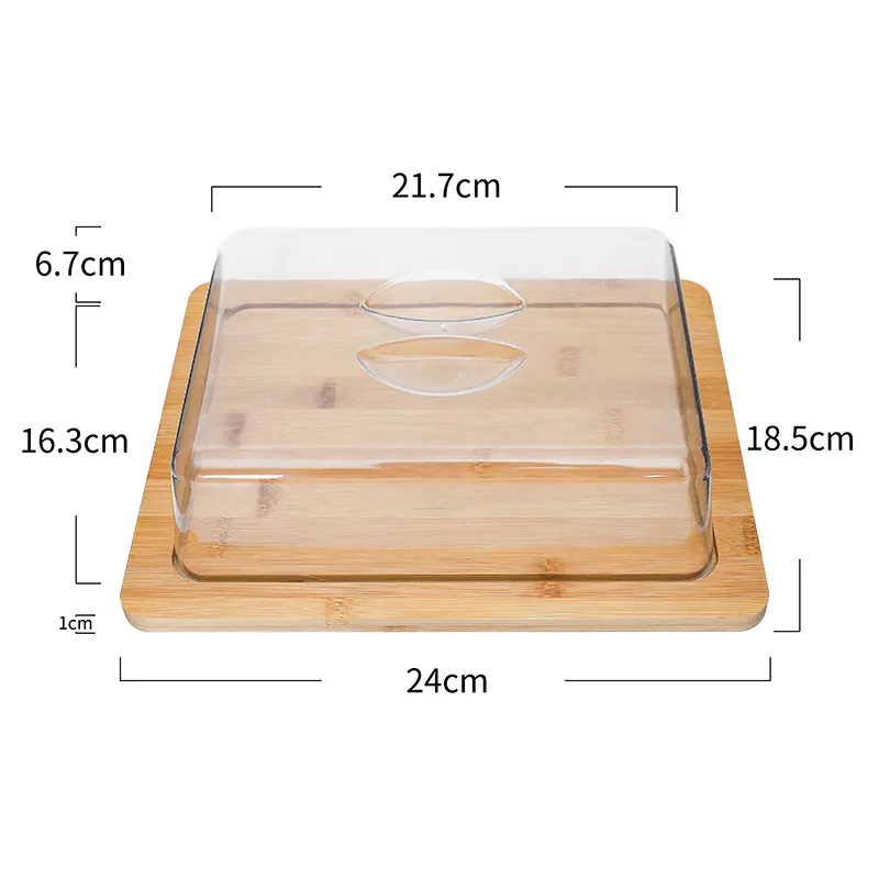 Soporte de mantequilla de bamb&uacute; Soporte para pasteles Bandeja de mantequilla con tapa transparente 