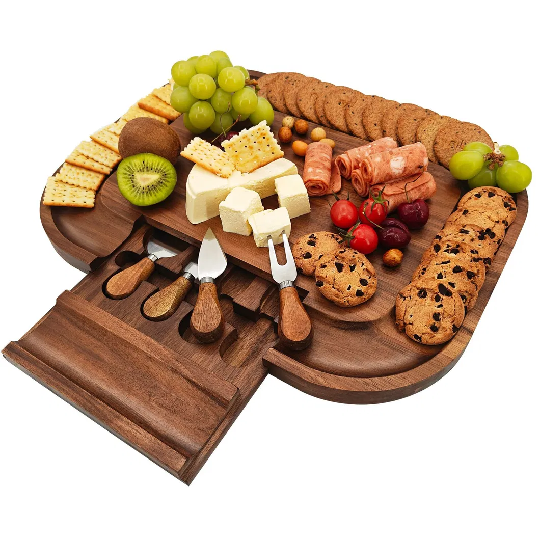 Tabla de quesos de madera de acacia de lujo vendedora caliente con el caj&oacute;n y juego de cuchillos 
