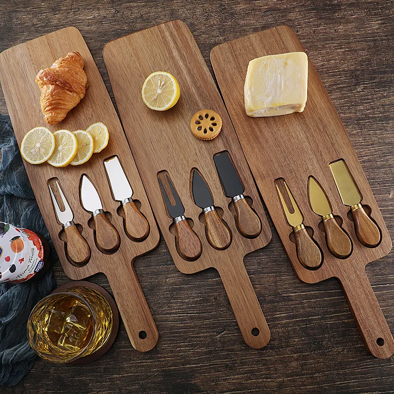 Tabla larga de queso de madera de acacia con juego de cubiertos para acampar al aire libre 