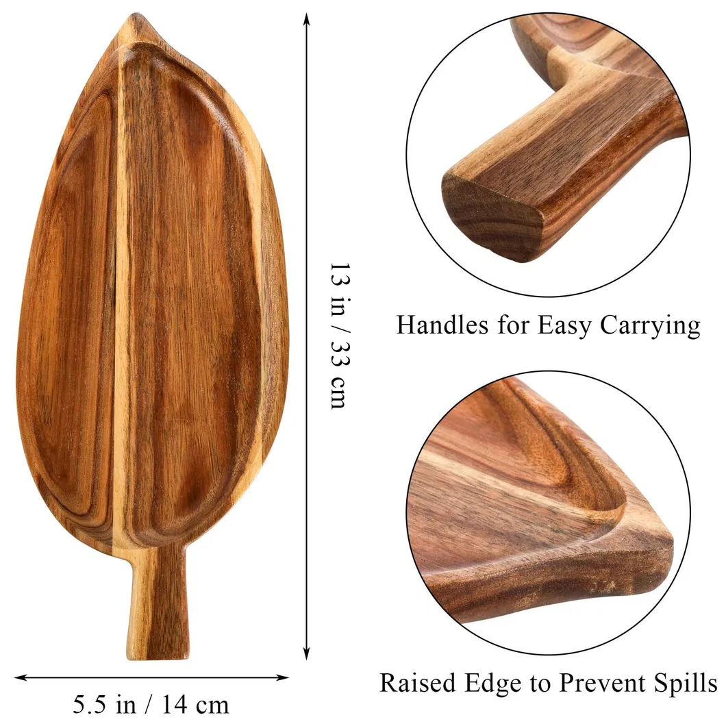 Bandeja para servir alimentos de madera de acacia con forma de hoja para aperitivos y refrigerios con asas 
