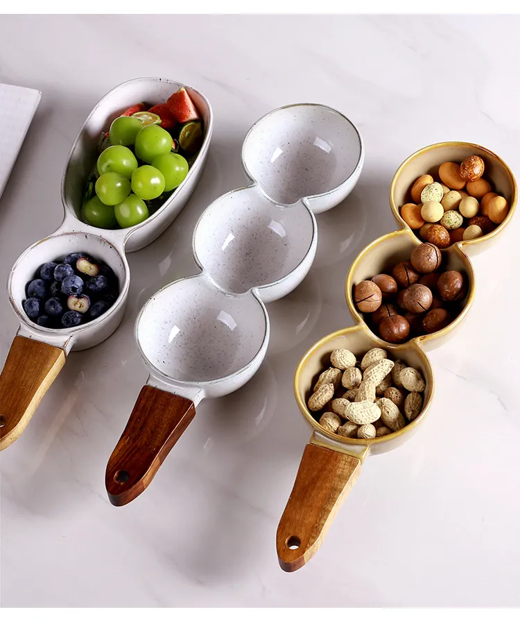 madera Plato de cer&aacute;mica para frutos secos y plato para aperitivos de estilo europeo creativo con mango de madera