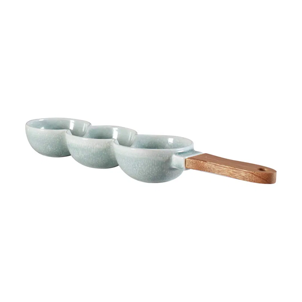 Taz&oacute;n para servir de 3 partes con mango de madera para salsas, condimentos, salsas, Mezze, Snacks, Nueces y Aceitunas