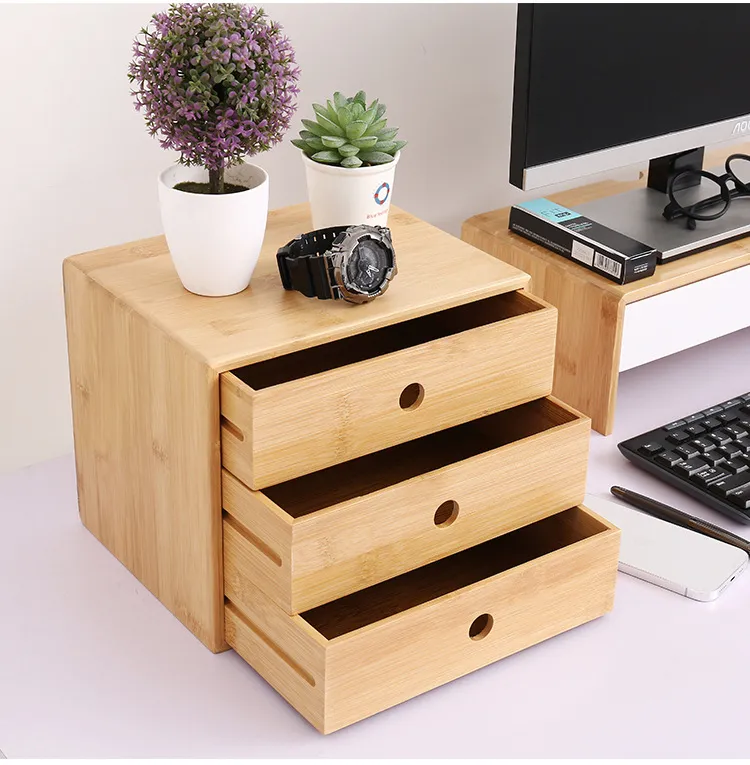 Caja de escritorio peque&ntilde;a de bamb&uacute; de 1/2/3 niveles, organizador de escritorio con cajones para guardar bol&iacute;grafos, chinchetas y suministros de oficina. 