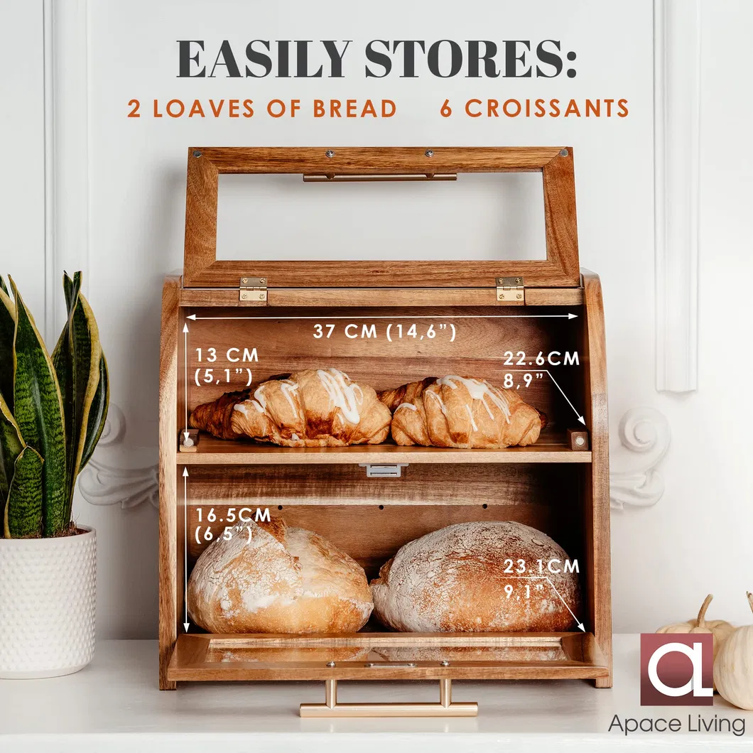 Caja de pan de madera de acacia doble grande, contenedor de almacenamiento para cocina