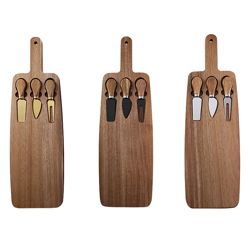 Tabla para quesos compacta y redonda de madera de acacia, con asas y cuchillos