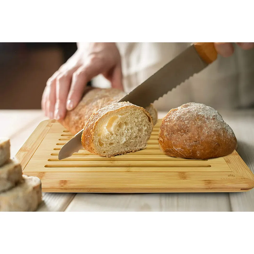 Tabla para cortar pan grande de bambú premium con bandeja para migas integrada