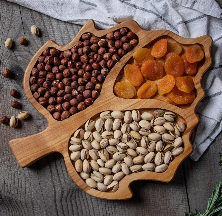 Plato de porci&oacute;n de madera de acacia dividida en forma de hoja para frutas secas/bocadillo 