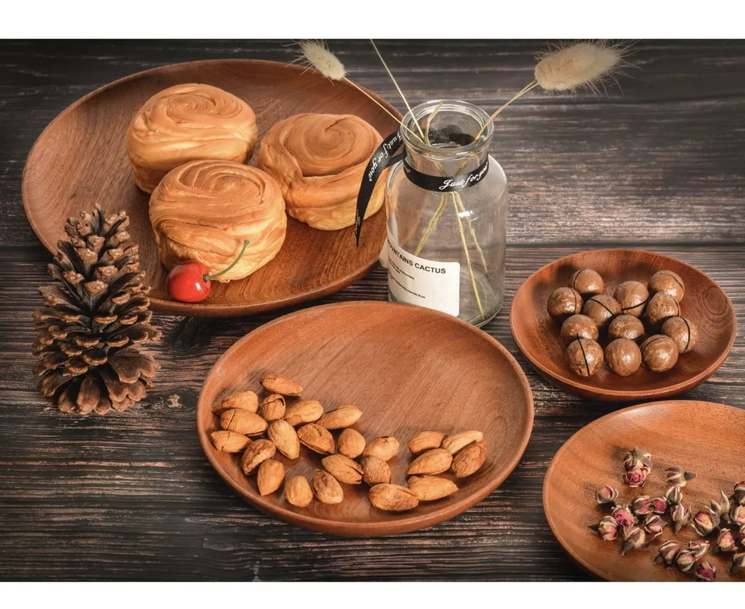 Juego de platos llanos redondos de madera para discos, frutos secos, postre, snack 