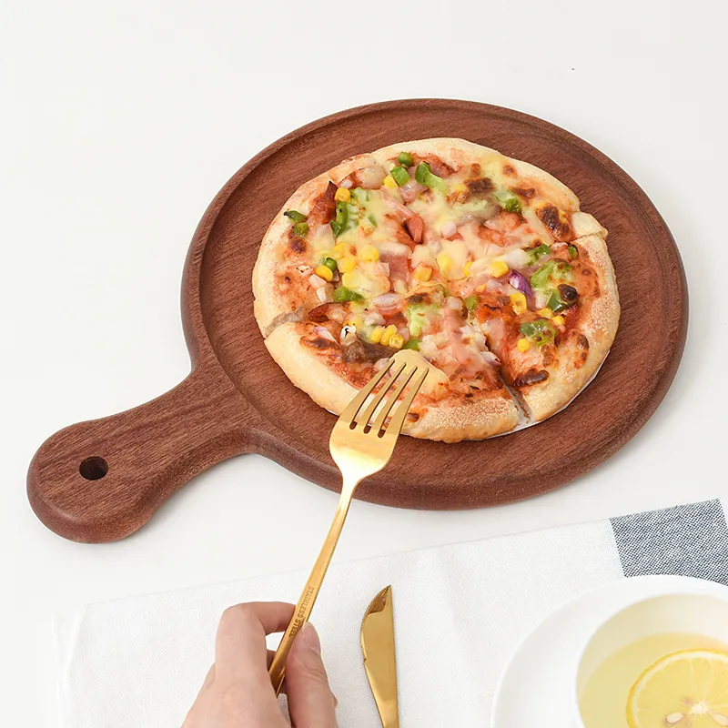 /bandeja para servir pizza de madera de &eacute;bano redondo personalizado con asa 