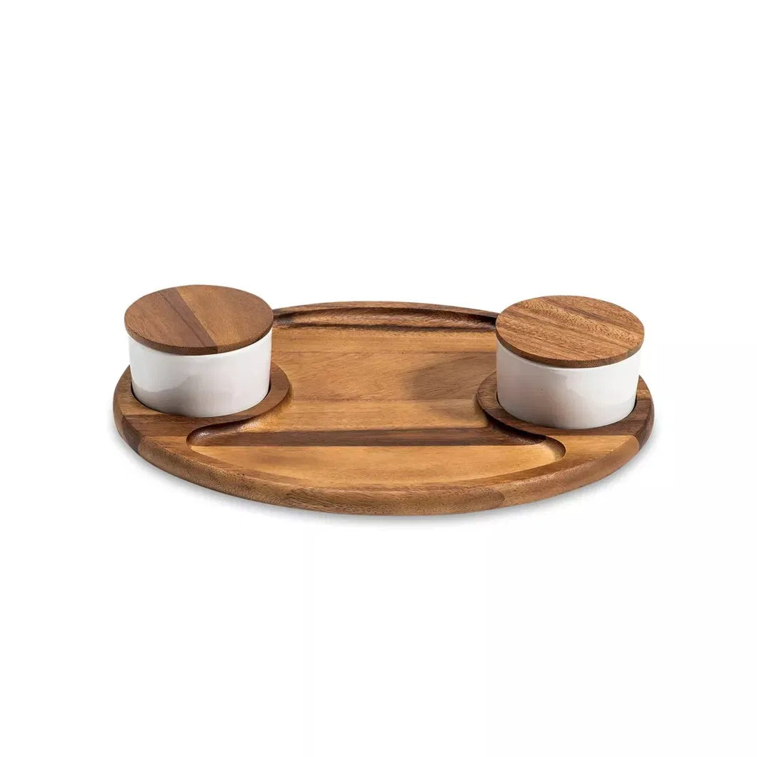 grande para servir embutidos de madera de acacia Bandeja de madera con 2 cuencos de cer&aacute;mica Tabla 