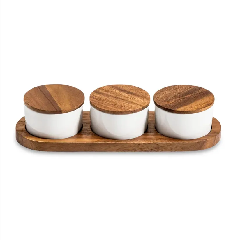 Juego de condimentos de cerámica, plato para salsa sobre base de madera de acacia