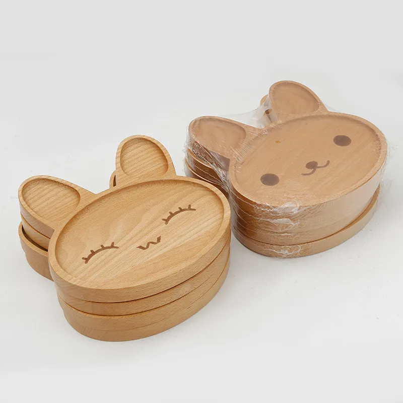 Plato de cena de madera de haya natural con forma de conejo, plato de aperitivo para ni&ntilde;os 