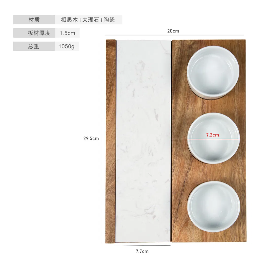 Tabla para servir de madera de acacia con m&aacute;rmol y 3 vasos DIP de cer&aacute;mica