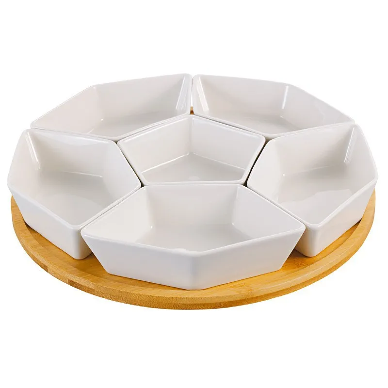Juego de aperitivos y condimentos de cer&aacute;mica blanca de 6 compartimentos con bandeja de bamb&uacute; 