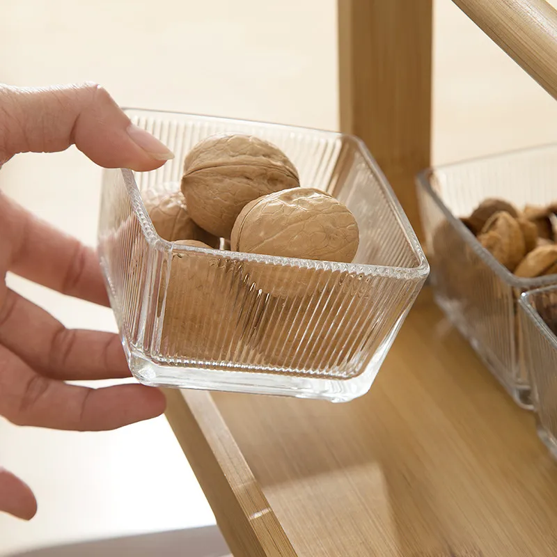 Cesta de almacenamiento de alimentos de bamb&uacute; de 2 capas con asa y 12 tazones de vidrio para restaurante 