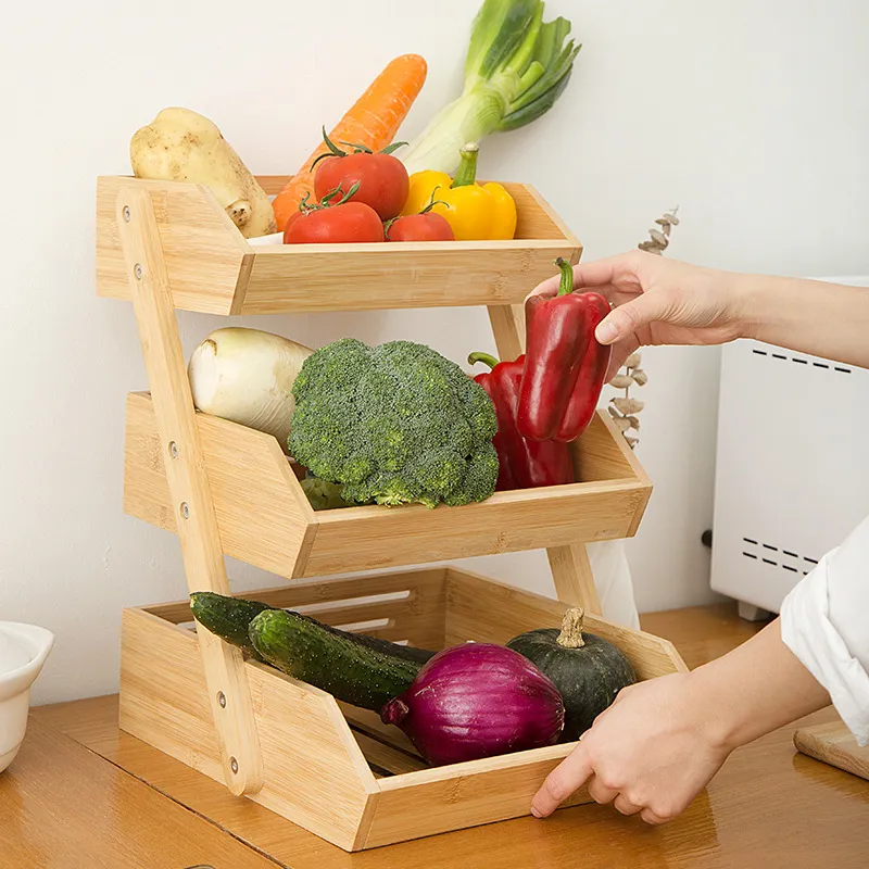 3 niveles Estante grande del almacenamiento del organizador de la cesta de frutas de la cocina de bamb&uacute; de 3 niveles Estante 