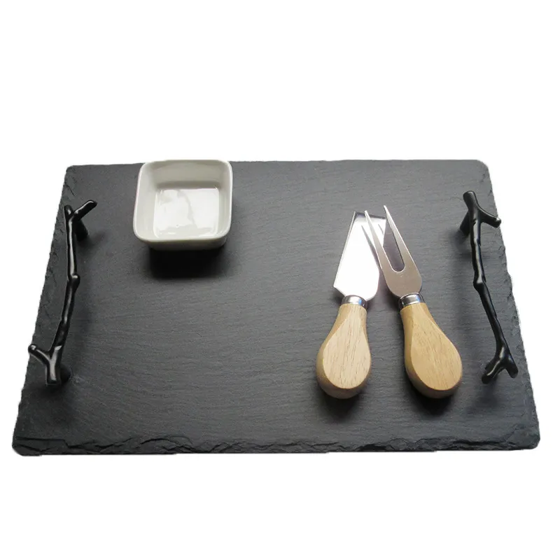 Tabla para servir queso de pizarra rectangular y bandeja con asa