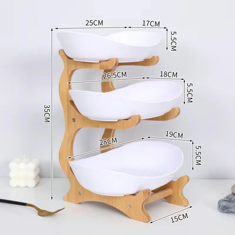 3 niveles con estante de almacenamiento de madera de bamb&uacute; Plato de fruta de cer&aacute;mica para el hogar de 3 niveles con estante de almacenamiento de madera de bamb&uacute; 