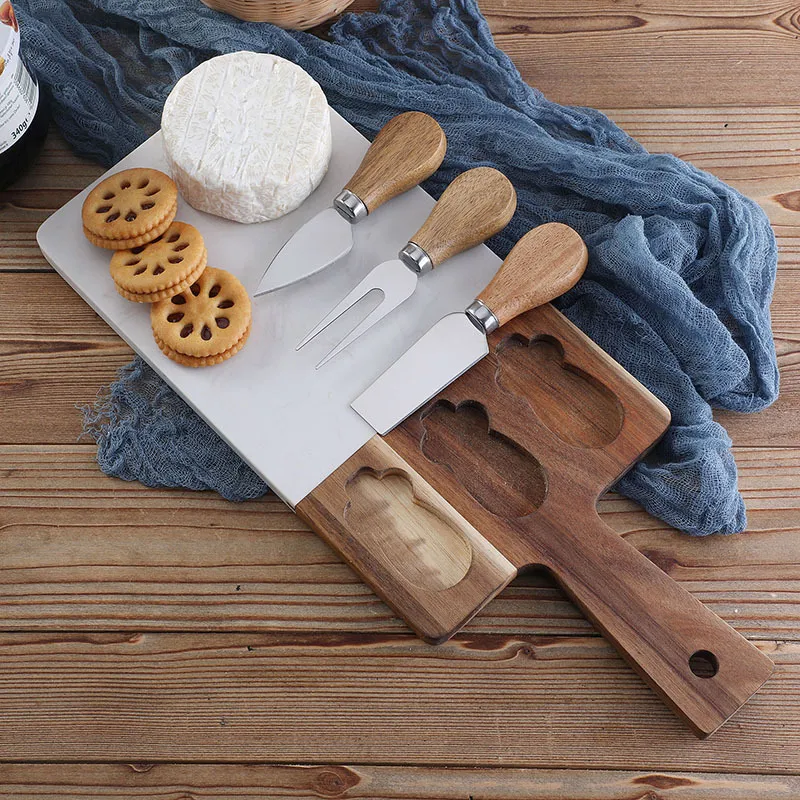 Tabla para servir de madera de m&aacute;rmol y acacia con juego de cuchillos para queso y mango Tabla 