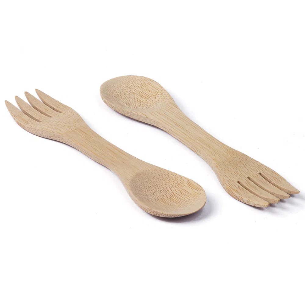 Suministro de juego de tenedores y cuchara de bambú reutilizables, tenedor y
