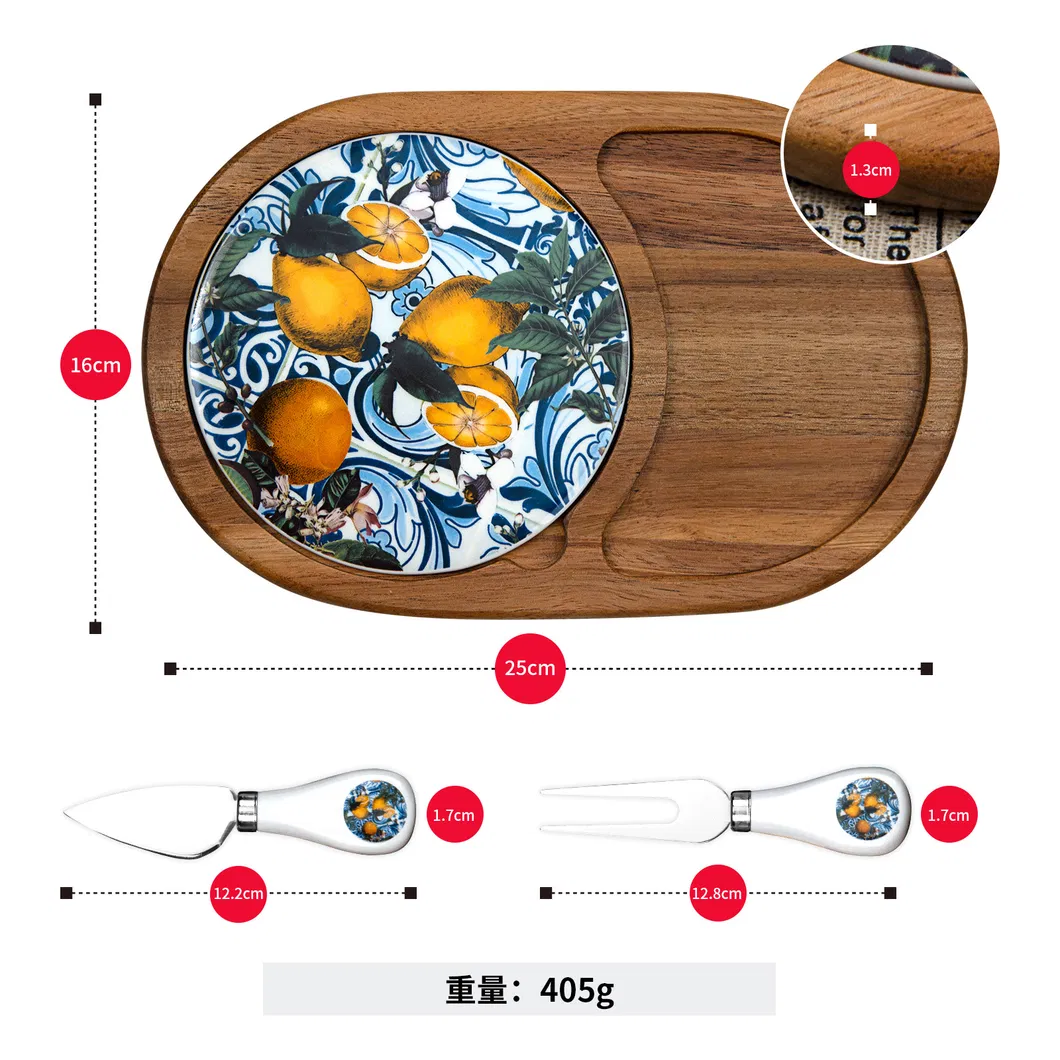 Tablas de madera para servir embutidos y quesos con plato de m&aacute;rmol y juego de cuchillos 