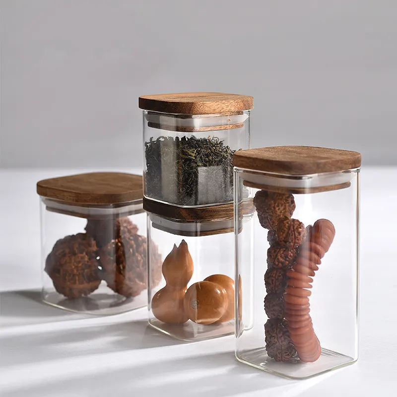 Tarro de despensa de bote de botella organizador de vidrio decorativo transparente con tapa de madera herm&eacute;tica 