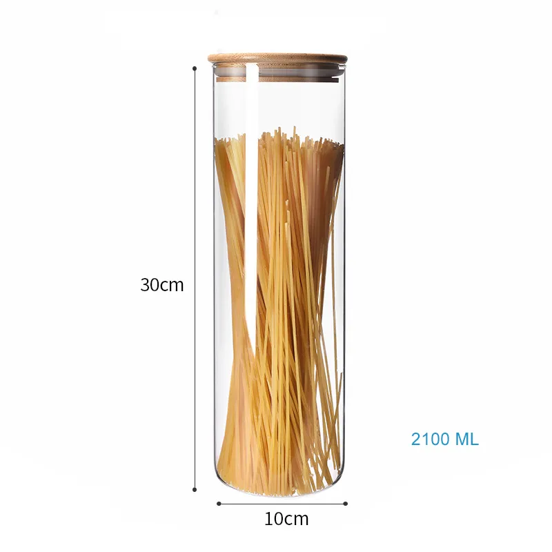 Envase redondo claro del acondicionamiento de los alimentos de la galleta de las pastas del caramelo de la cristaler&iacute;a de borosilicato con las tapas de bamb&uacute;
