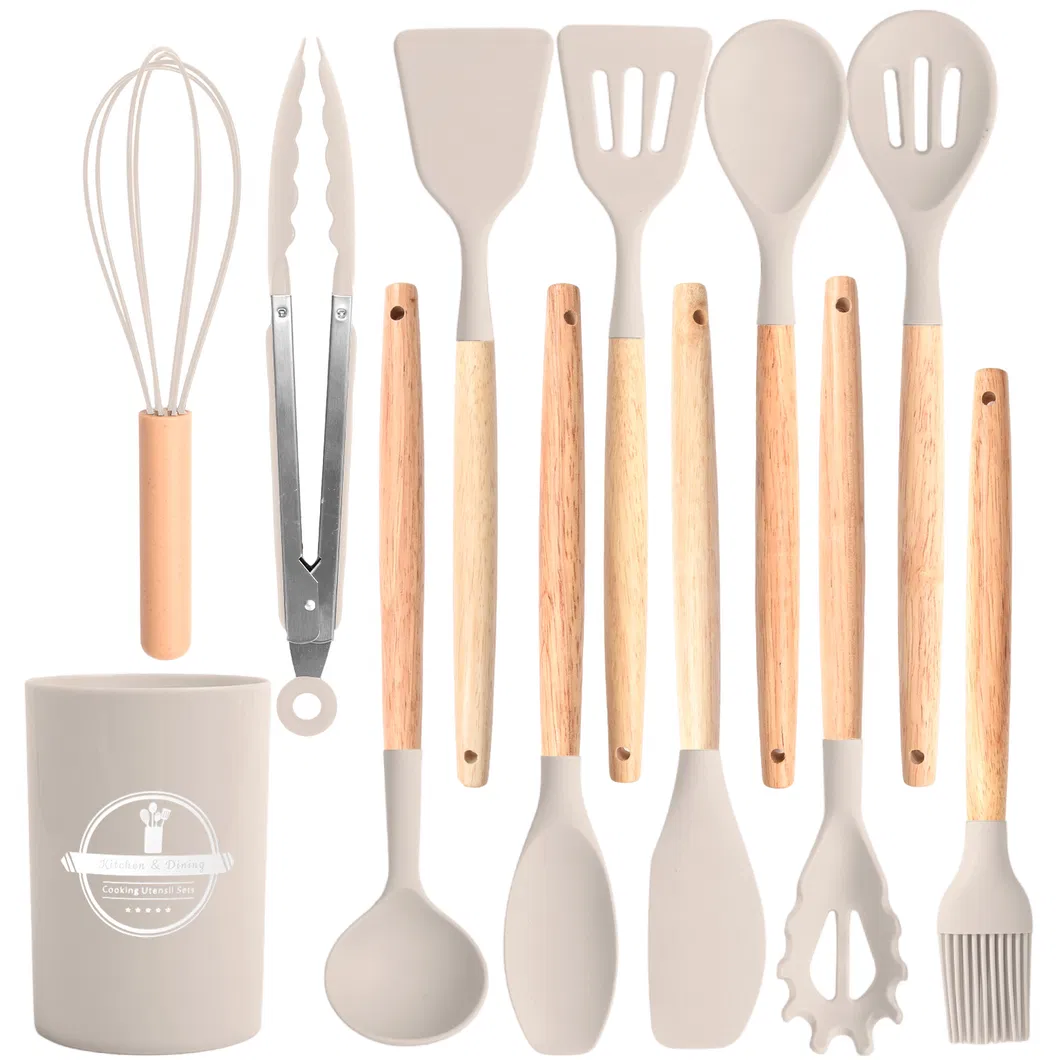 juego de utensilios de cocina con mango de madera, pinzas giratorias resistentes al calor, esp&aacute;tula, cuchara, cepillo, batidor, utensilios de cocina de silicona, juego de utensilios de cocina con mango de madera 