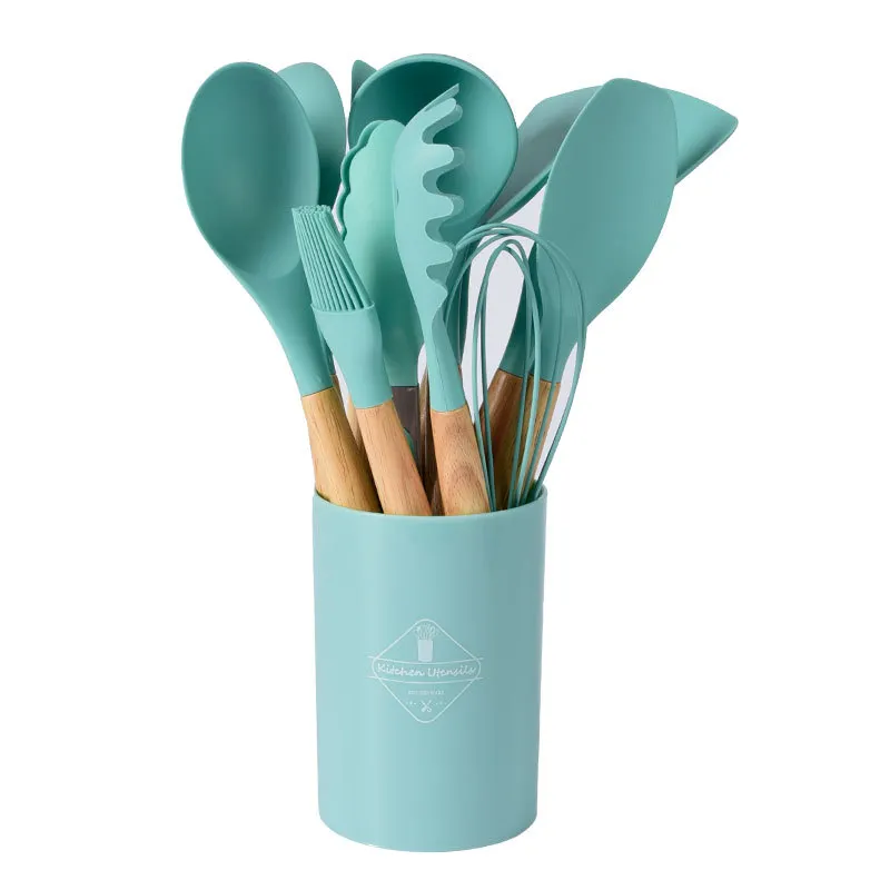utensilios de cocina con mango de madera y soporte de almacenamiento 