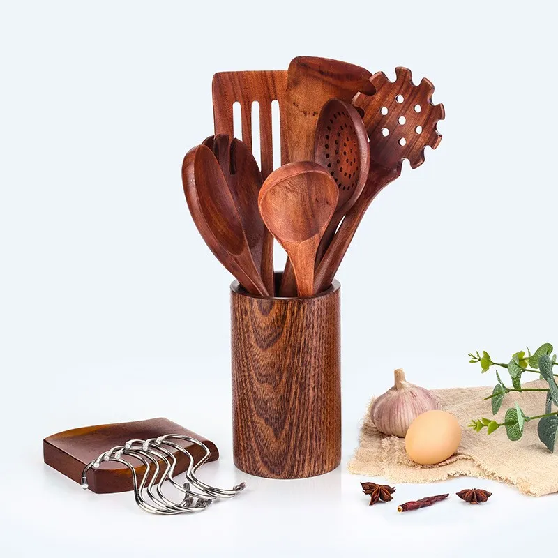 Juego de utensilios de cocina de madera de teca, superventas, herramientas de cocina con soporte y soporte para cuchara 
