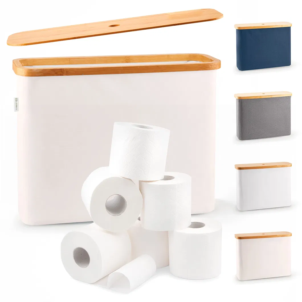 Almacenamiento de papel higi&eacute;nico elegante color beige para 12 rollos con tapa de bamb&uacute; 