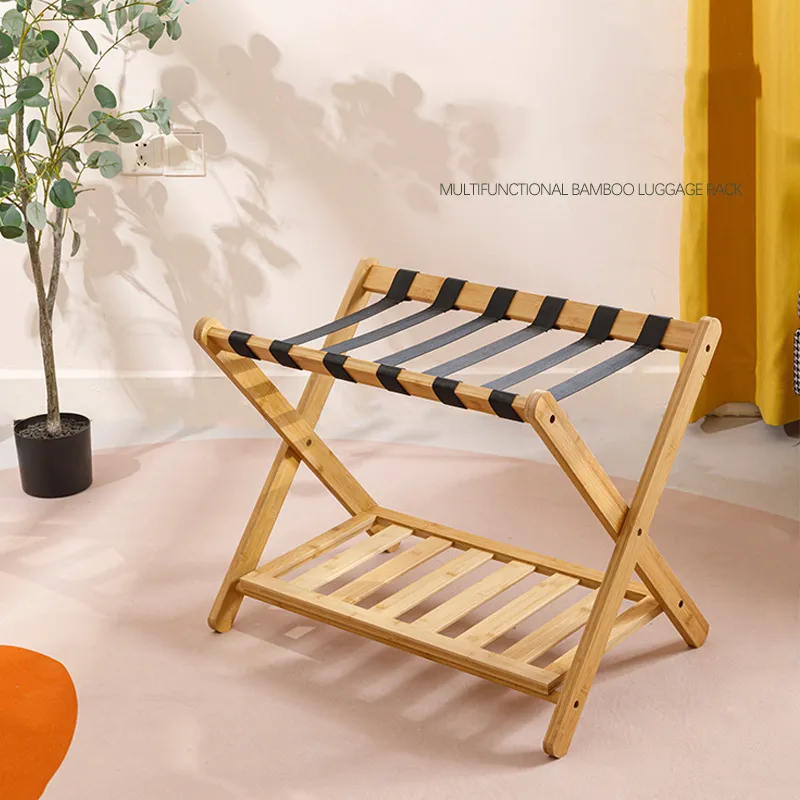 Portaequipajes plegable de bamb&uacute; y madera de pie para habitaci&oacute;n de hotel, portaequipajes para almacenamiento de equipaje. 