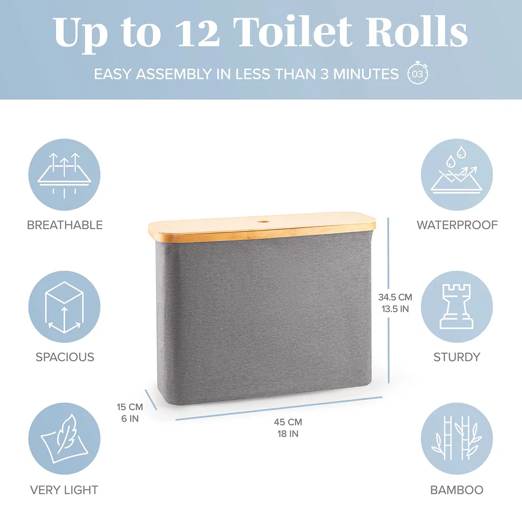 Portarrollos de papel higiénico impermeable de color gris con tapa de bambú