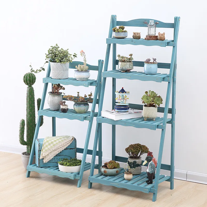 plegable para flores multifunci&oacute;n de cuatro capas, soporte para plantas de madera, estante de exhibici&oacute;n para jard&iacute;n