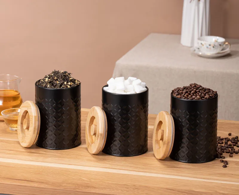 Juegos de botes de metal negro para almacenamiento de az&uacute;car, t&eacute; y caf&eacute; 