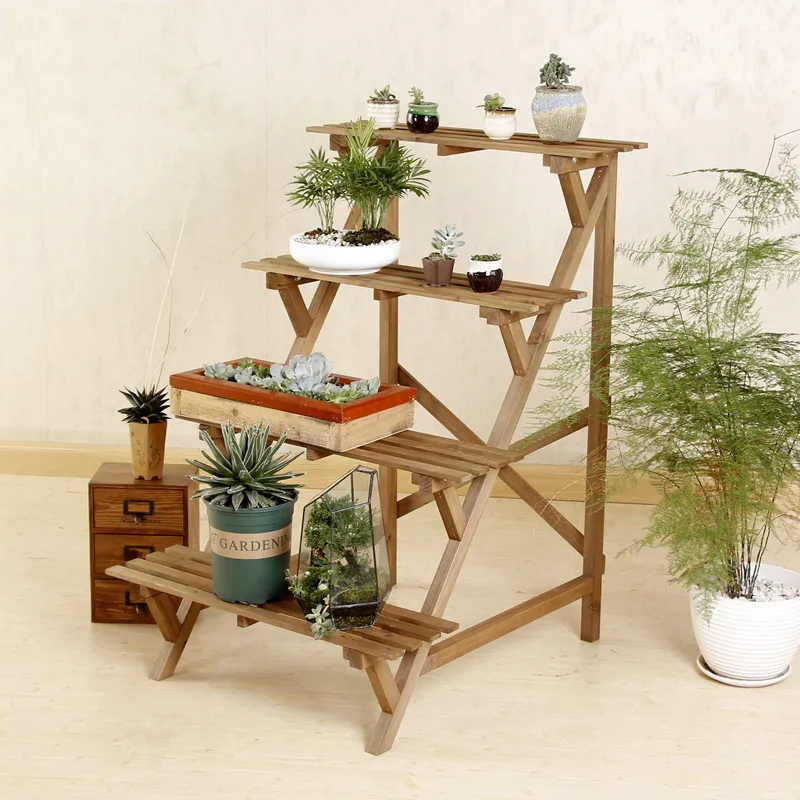 Estante de flores de madera estilo escalera de 4 capas, estante de flores para jard&iacute;n y sala de estar 