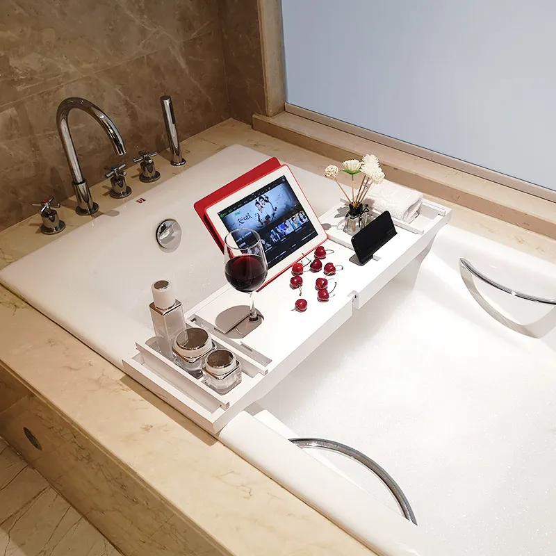 bambú de la bañera del estante del almacenamiento del cuarto de baño del color blanco con el tenedor del teléfono móvil de la pantalla plana Tenedor de la bañera del