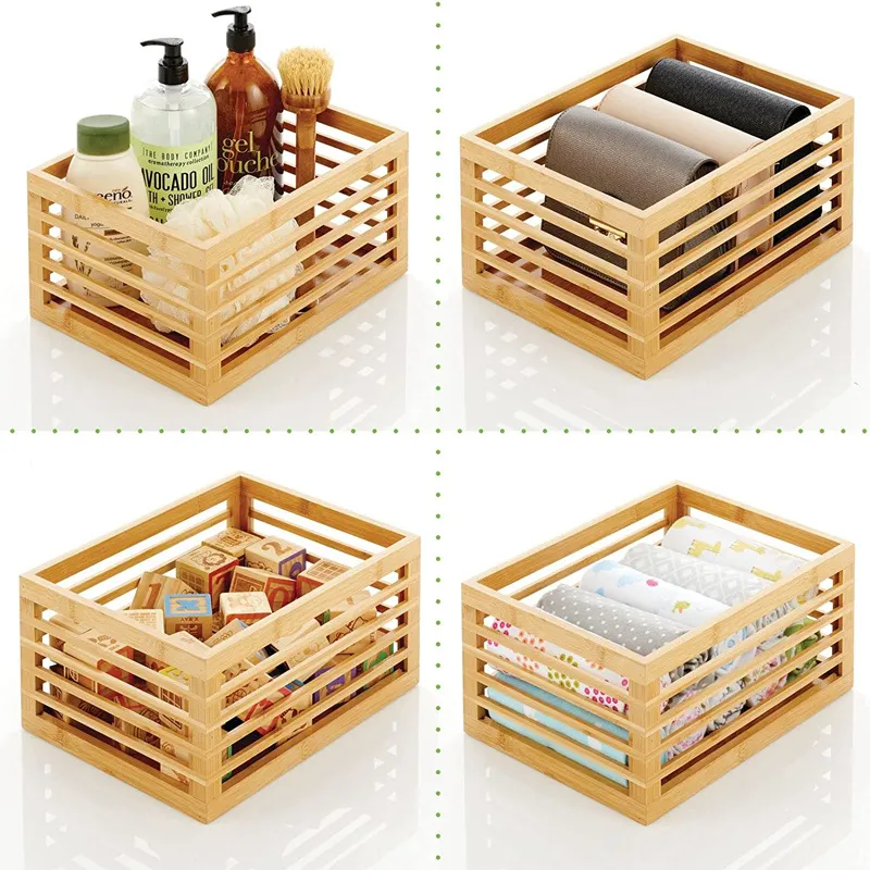Juego de cestas de almacenamiento de bambú ahuecadas multifuncionales personalizadas para artículos diversos/frutas/verduras del hogar.