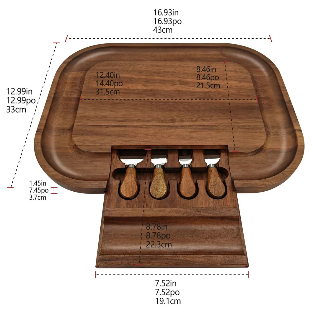 Tabla de quesos de madera de acacia de lujo vendedora caliente con el caj&oacute;n y juego de cuchillos 