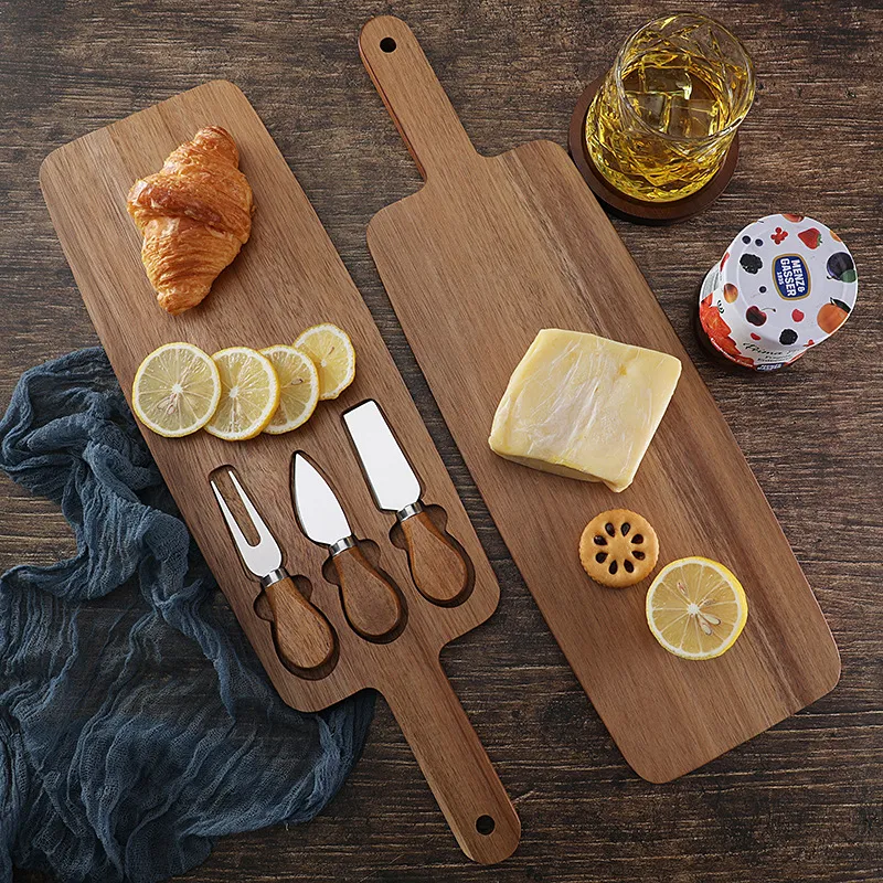 Tabla larga de queso de madera de acacia con juego de cubiertos para acampar al aire libre